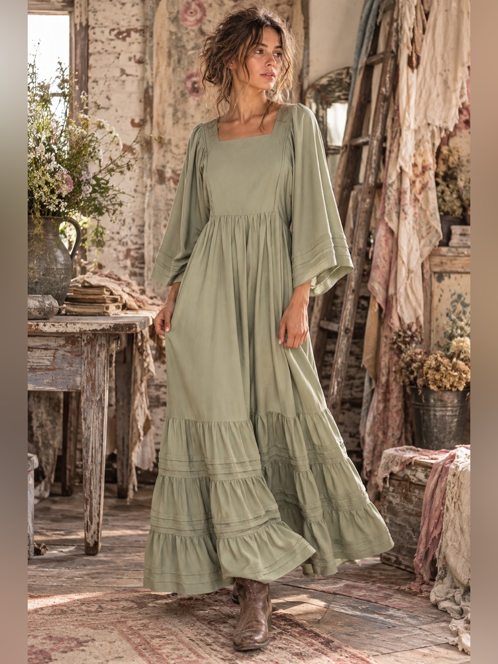 STORIA Sage Green TENCEL Maxi Dress Small Prairiecore Boho Cottagecore